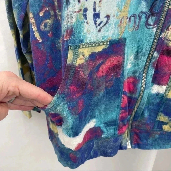 Additions by Chicos Women’s Lightweight Jacket 0 Blue Patterned Zip Up Hooded - Picture 7 of 12